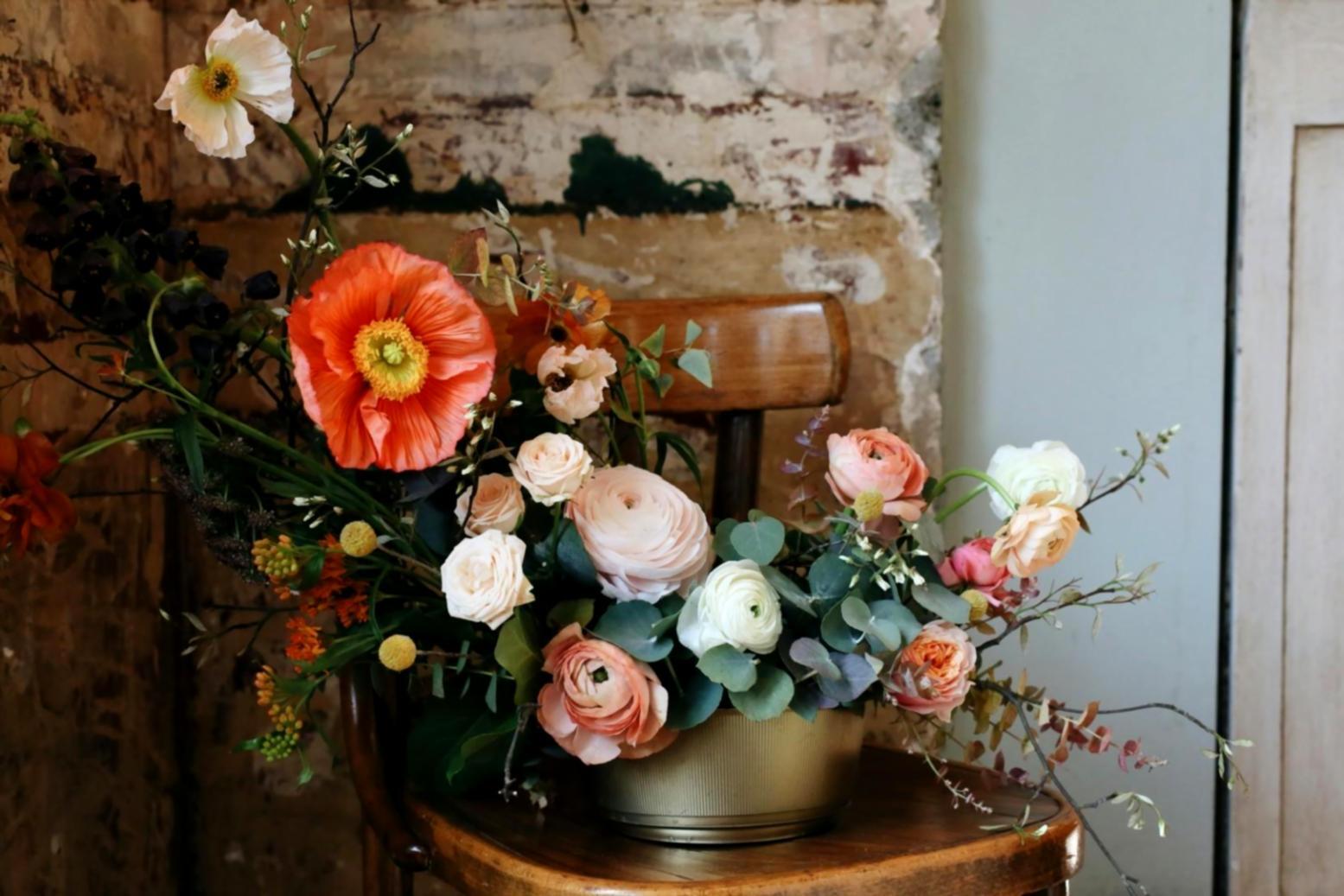Floral arrangement study — detailed view of botanical materials and compositional workspace